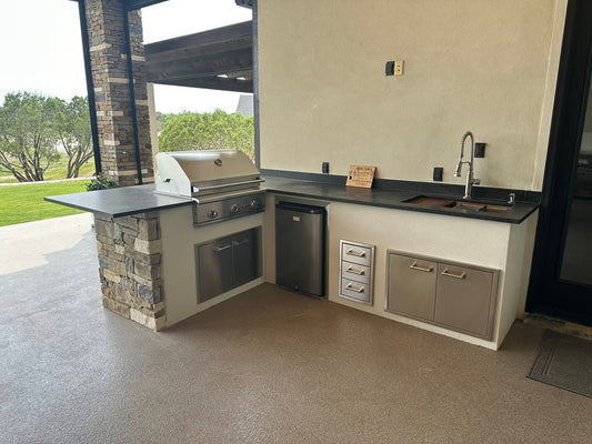 Outdoor kitchen setup at Lake Granbury ready for spring grilling season