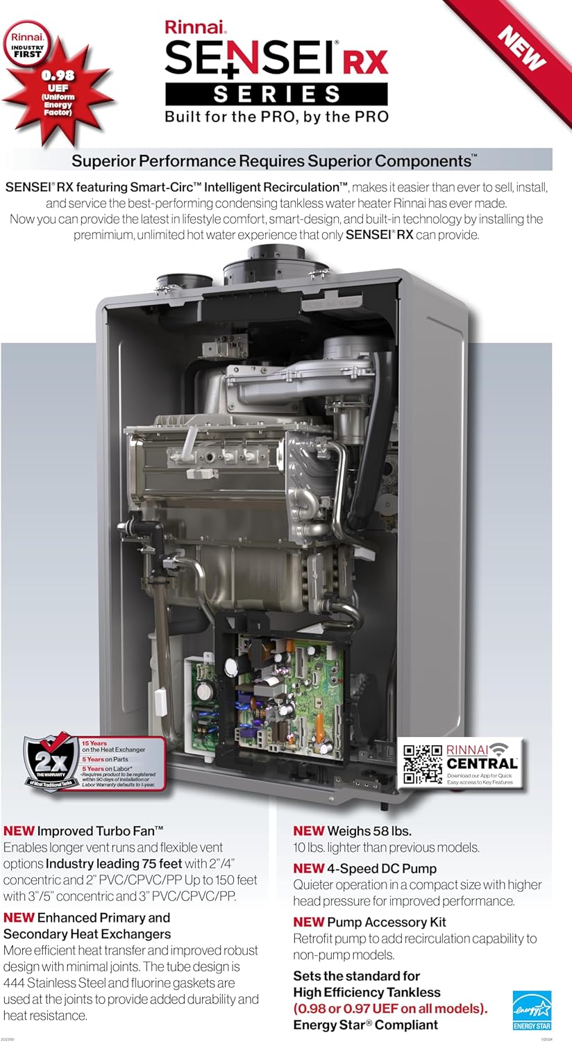 Rinnai Sensei RX Series 11 GPM 120 Volt Residential Indoor Liquid Propane / Natural Gas Tankless Water Heater with Integrated Recirculation Pump